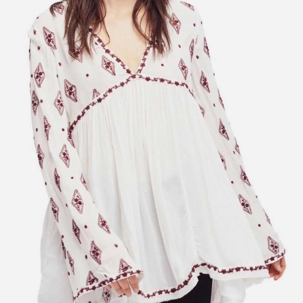 Free People Bohemian White and Burgundy Blouse